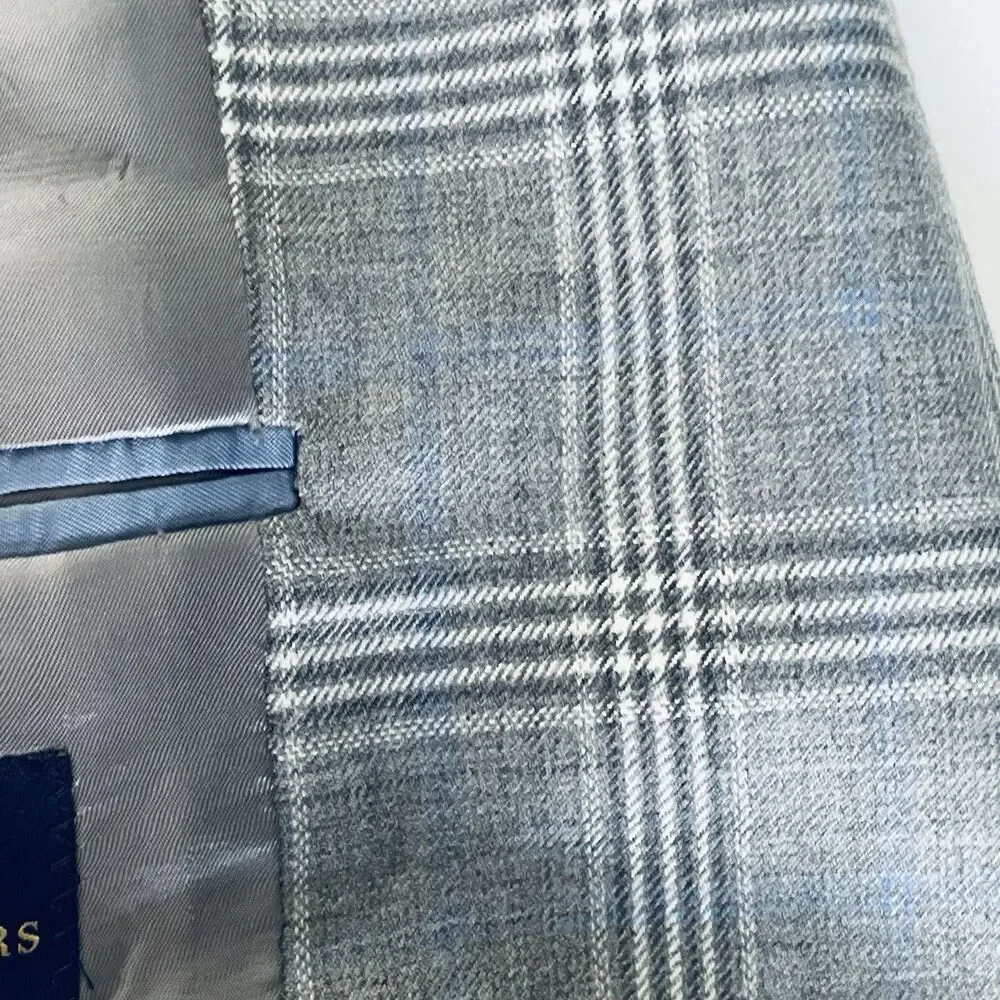 Brooks Brothers Wool Blazer Mens 48R Gray Blue Plaid Fitzgerald Fit Suit Jacket